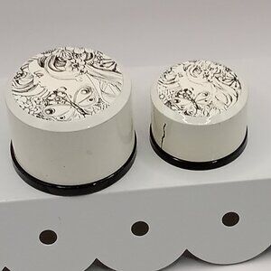 Vtg Japan Plastic Black & White Round Mini Trinket Jars Art Deco Flower Girl